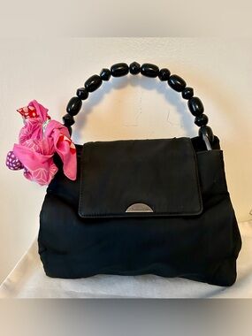 Dior Black Beaded-Handle Tote. Vintage 1990’s with Pink Accent Scarf